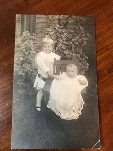Antique Real Photo Toddler & Infant Photo 1911 Postcard Flag postmark Sharon PA - Picture 1 of 2