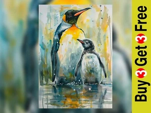 Vibrant Watercolor Penguin Pair Painting Print 5"x7" on Matte Paper - Picture 1 of 6