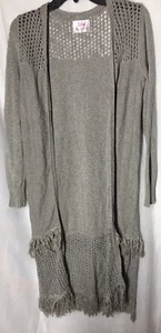 Justice 16 Youth Teen Cardigan Long Open Grey Mixed Knit Long Sleeve Fringe Ends - Picture 1 of 6
