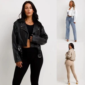 Women’s Ladies Biker Faux Leather Jacket Cropped Short Belted Zip Up Coat 8-14 - Picture 1 of 27