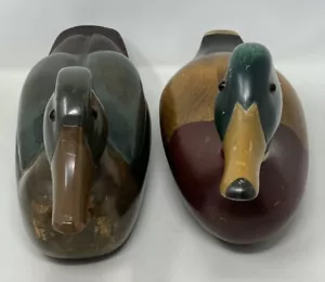Wooden Duck Hand Carved Painted Ducks Lot Of 2 Bird Decor Signed Ron Fisher 1983 - Picture 1 of 22