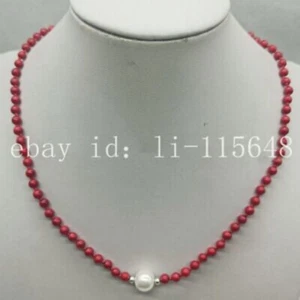4mm Red Coral &10mm White Shell Pearl Ball Bead Pendant Daity Necklace 18" Gift - Imagen 1 de 4