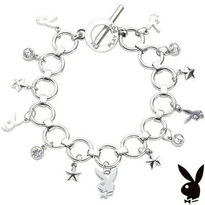 NEW Playboy Bracelet Bunny Charms Stars Swarovski Crystal Silver Plated Toggle - Image 1 of 4