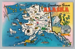 Greetings From Alaska AK Flag Map With Attractions Chrome Postcard 1960s - Picture 1 of 2