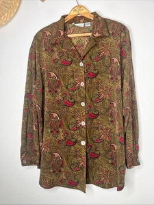 Vintage stimmungsvolle Paisley Tunika Knopf Bluse 80er grün rot Bürokleidung 20W seidig - Bild 1 von 6