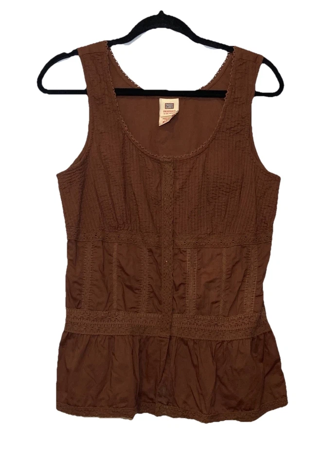 Y2K Vintage Faded Glory Fairy Grunge Tank Top Size M Brown Pintucked Crochet - Image 1 of 4