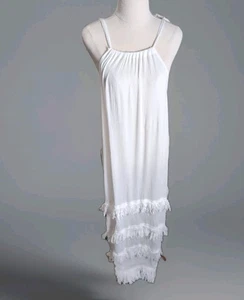 Erin Louise White Rayon Boho Maxi Dress Fringe Hem Women Size M Beach Holiday - Picture 1 of 8