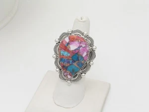 Navajo Handmade Sterling Silver Dahlia Multi-Stone Adjustable Ring - Picture 1 of 7