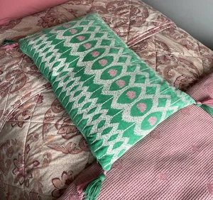 John Lewis Velvet Cushion, Rare Use, Emerald Green, Pink, Embroidered, Tassels - Picture 1 of 6