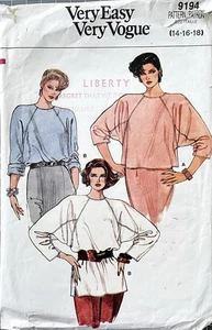 VOGUE 9194 1980’s Pullover Top Sewing Pattern. Size 14 - 16 - 18. - Picture 1 of 2