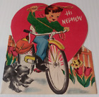 Greeting Card Valentine Day Nephew Heart Bike Dog Flowers Flocked Vintage