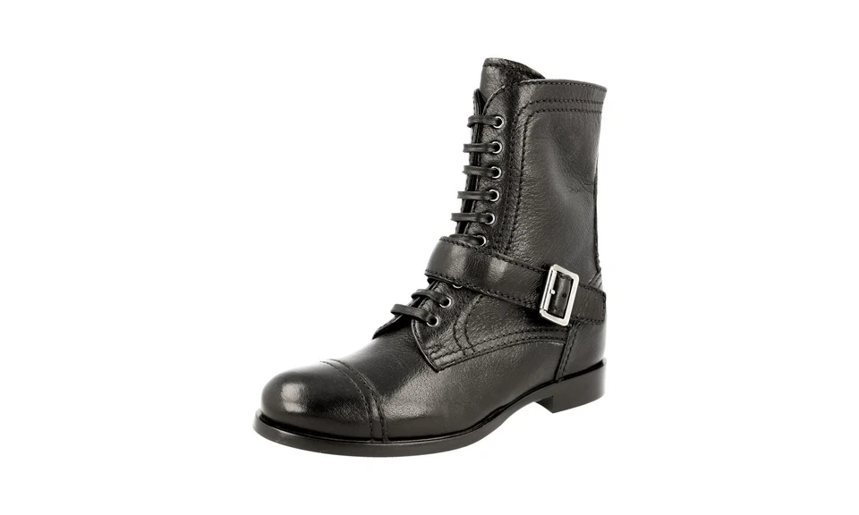 LUXURY PRADA COMBAT HALF-BOOTS 1U230F BLACK DEERSKIN US 6 EU 36 36 5