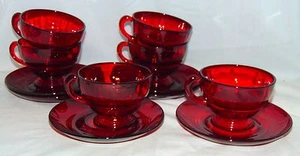 6 New Martinsville MOONDROPS RED *CUPS & SAUCERS* - Picture 1 of 2
