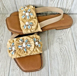 Neu ohne Etikett Chico's Damen hellbraune Muschel Perlen Slide elastische Fersenriemen-Sandalen Größe 8,5M - Bild 1 von 16