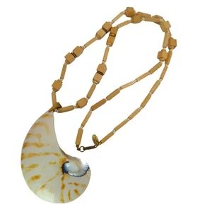 Miriam Haskell Muschel Holz Halskette Kammer Nautilus Anhänger Vintage signiert 28" - Bild 1 von 10
