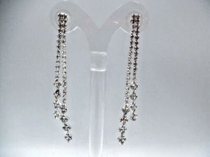 Pierced 3 1/4" silver & clear stone dangling two row earrings w/squares - Picture 1 of 3