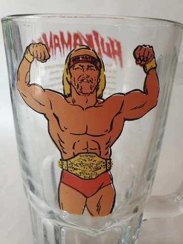 Vtg 1985 WWF WWE HULKAMANIA Hulk Hogan Wrestling Glass Mug 8" 32oz Beer Stein Cover