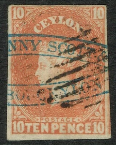 Ceilán 1857 10d bermellón aburrido SG9 4 m color fino grandes márgenes VFU gato. £325.00 - Imagen 1 de 1