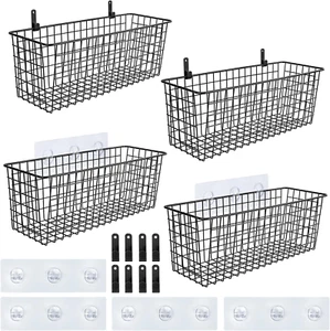 Extra Large Wall Mount Storage Baskets with Hooks - 4 Set, Black Metal Organizer - Picture 1 of 12