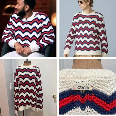 Gucci Webline White Cotton Knit Chevron Sweater Men’s Size XL 739960 - New $2800 - Image 1 of 4