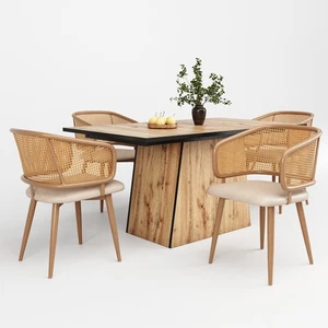 MODERN DINING CHAIRS SET OF 4 WITH RATTAN BACKREST & UPHOLSTERED PU PADDED SEAT - Picture 1 of 16