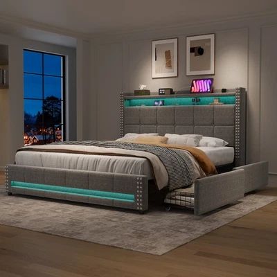 MERAX Upholstered Bed Frame Double Bed LED Lights with Storage Drawers, Headboard Grey