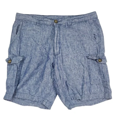 Tasso Elba Cargo Shorts Mens 34 Blue Chambray Linen Cotton Flat Front Casual - Image 1 of 4