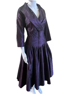 TERI JON Rickie Freeman 100 % SEIDE Taft Midi Kleid Größe 12 lila breiter Kragen - Bild 1 von 10