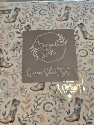 Western Cowboy Boot QUEEN Juego de Sábanas Floral Azul Herradura Sábanas NUEVO Foto 1 de 4