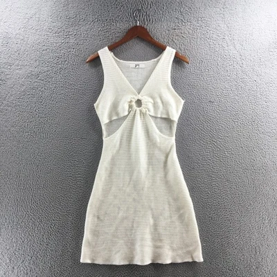 Madden NYC Bodycon Cut Out Ring Crochet Mini Dress Womens L Off-White Knitted - Image 1 of 4