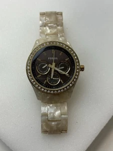 Fossil Stella ES-2794 Wrist Watch Women's Brown Face Cream Band Crystals Works - Picture 1 of 14