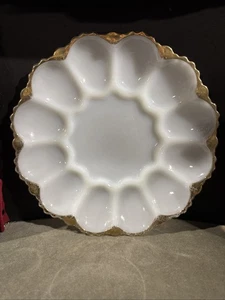Vintage Fire King Milk Glass W/ Gold Edge Egg Plate 9.50” - Picture 1 of 8