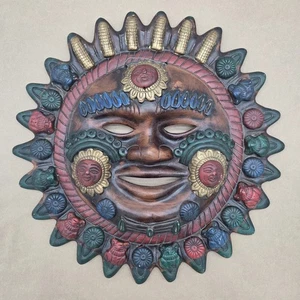 Vtg Terracotta Sun God Face Sculpture Handcrafted Mexican Folk Wall Art 18"x 18" - Picture 1 of 8