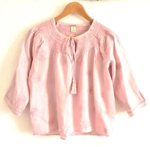 Magaschoni Leinen Top Dolman, 3/4 Arm Tunnelzug Ausschnitt Stickerei OVERSIZED S - Bild 1 von 9