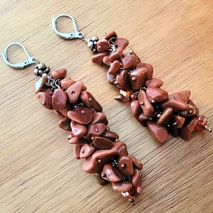 Goldstone Sparkle Chip Cluster Dangle Leverback Earrings in Stainless Steel NEW! - Picture 1 of 10