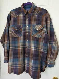 VTG PENDLETON Wool L/S Mens XL Brown Navy Plaid Pearl Snaps Made In USA - Picture 1 of 10