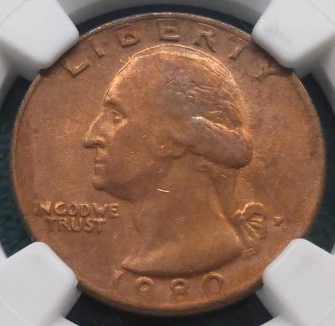 1980 P NGC AU58 Obverse Missing Clad Layer Washington Quarter Mint Error, 25C Cover