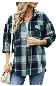 GZDMFS Womens Flannel Jacket Long Sleeve Lapel Button Down Shirt Plaid Shacket-M - Picture 1 of 5