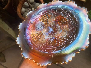 CARNIVAL GLASS ~ RARE BALL FOOTED FENTON GRAPE & CABLE PLATE ~ RADIUM ~ - Picture 1 of 15