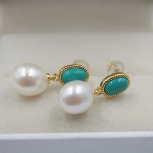 Real S925 Silver Stud Earring Drop Natural Freshwater Pearl For Women Turquoise - Picture 1 of 4
