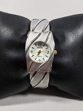 Xavier Pearlized Dial Silver Tone Textured Open Cuff Hinge Bracelet Band Watch 