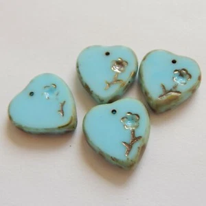2 Pieces 16x17mm Heart w Flower pendant Charm Blue Turquoise Picasso Czech Glass - Picture 1 of 1
