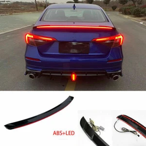 For Honda Civic 22-23 W/LED Lights Glossy Black Rear Tail Spoiler Wing Lip Trim - Picture 1 of 6