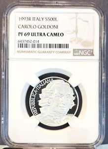1993 ITALY SILVER 500 LIRE S500L CAROLO GOLDONI NGC PF 69 ULTRA CAMEO TOP POP 1 - Picture 1 of 3