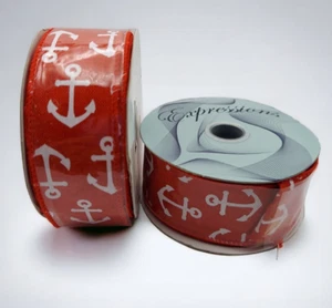 20 Yards Wire Edged Ribbon 1.5" Wide Red Boat Anchor Expressions 10 yds x 2 Lot - Picture 1 of 6