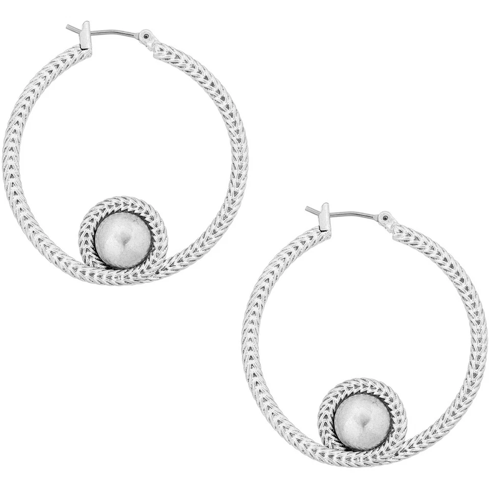 Lucky BRAND Silvertone Braided Silver Bead Hoop Earrings Jwel0654