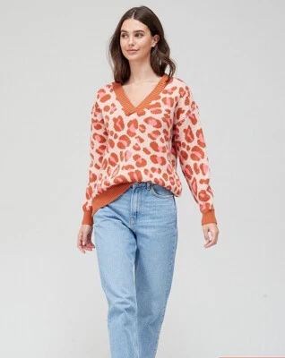 V By Very Animal Leopard Jacquard Knit V Neck Pullover Jumper - Pink UK Size 12 - Image 1 of 3