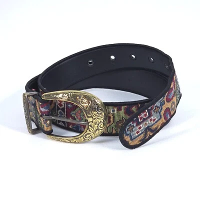 Tapestry Leather Belt Patina Western Buckle Cowgirl Floral Boho Aztec Paisley - Image 1 of 4