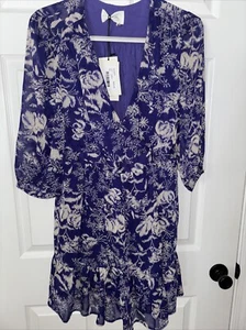 New Ba&sh Mini Dress Ulia Blue Violet Floral Lined Wrap 3/4 Sleeve size US 8 - Picture 1 of 6