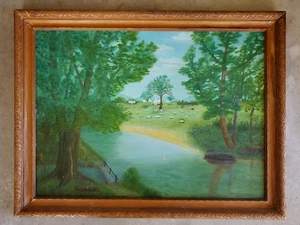 VINTAGE 1960's AMERICAN FOLK ART ORIGINAL PAINTING BUCOLIC SHEEP FARM LANDSCAPE - Picture 1 of 10